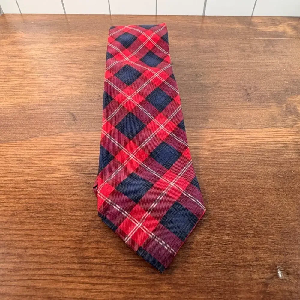 Tommy Hilfiger Red Navy Blue Plaid Tartan Silk Necktie